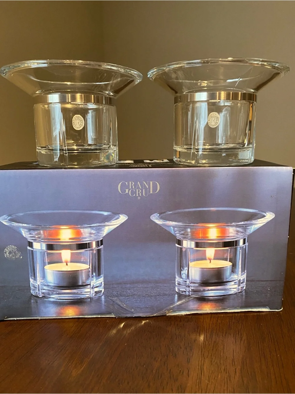 Rosendahl Grand Cru Clear Glass Tea Light Votives w/ metal bands - Set of 2